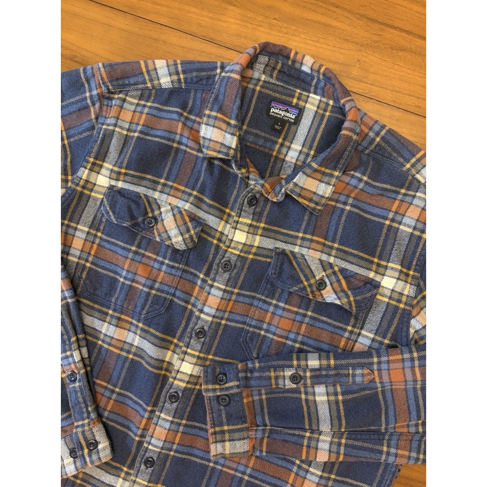 Patagonia Flannel Shirt Mens L Blue Fjord Plaid Organic Cotton Long Sleeve Board